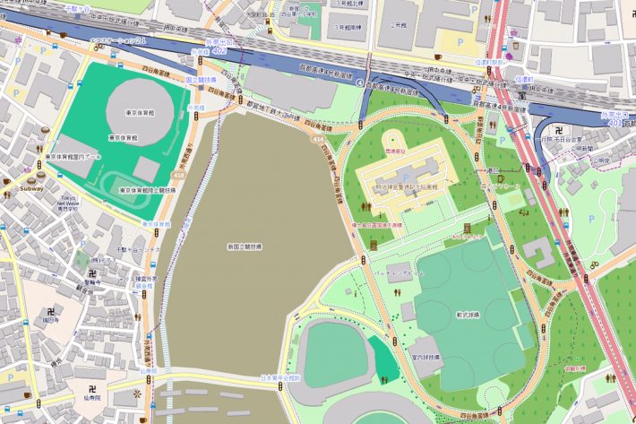 OpenStreetMapで新国立競技場付近を表示させたもの（2019年3月時点）